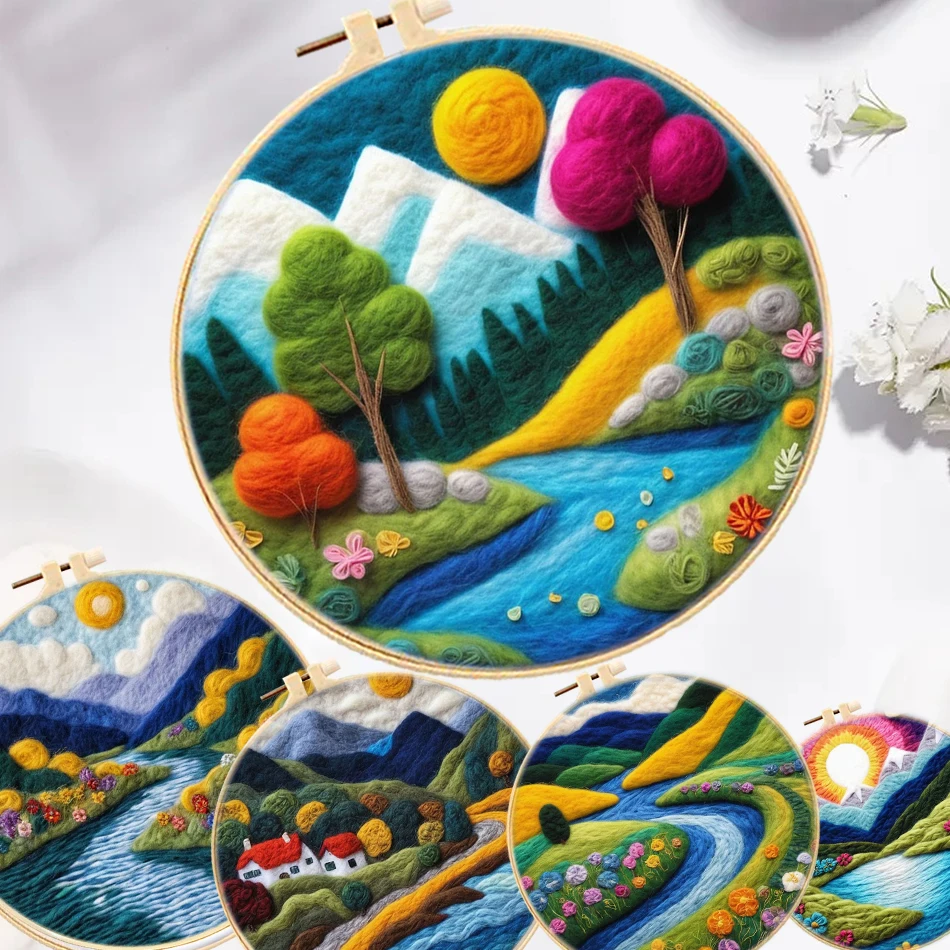 

GATYZTORY Wool Felting Painting Embroidery Kit Rivers Scenery Needle Felting Kit Wool Felt For Mountains Home Handicraft Decor