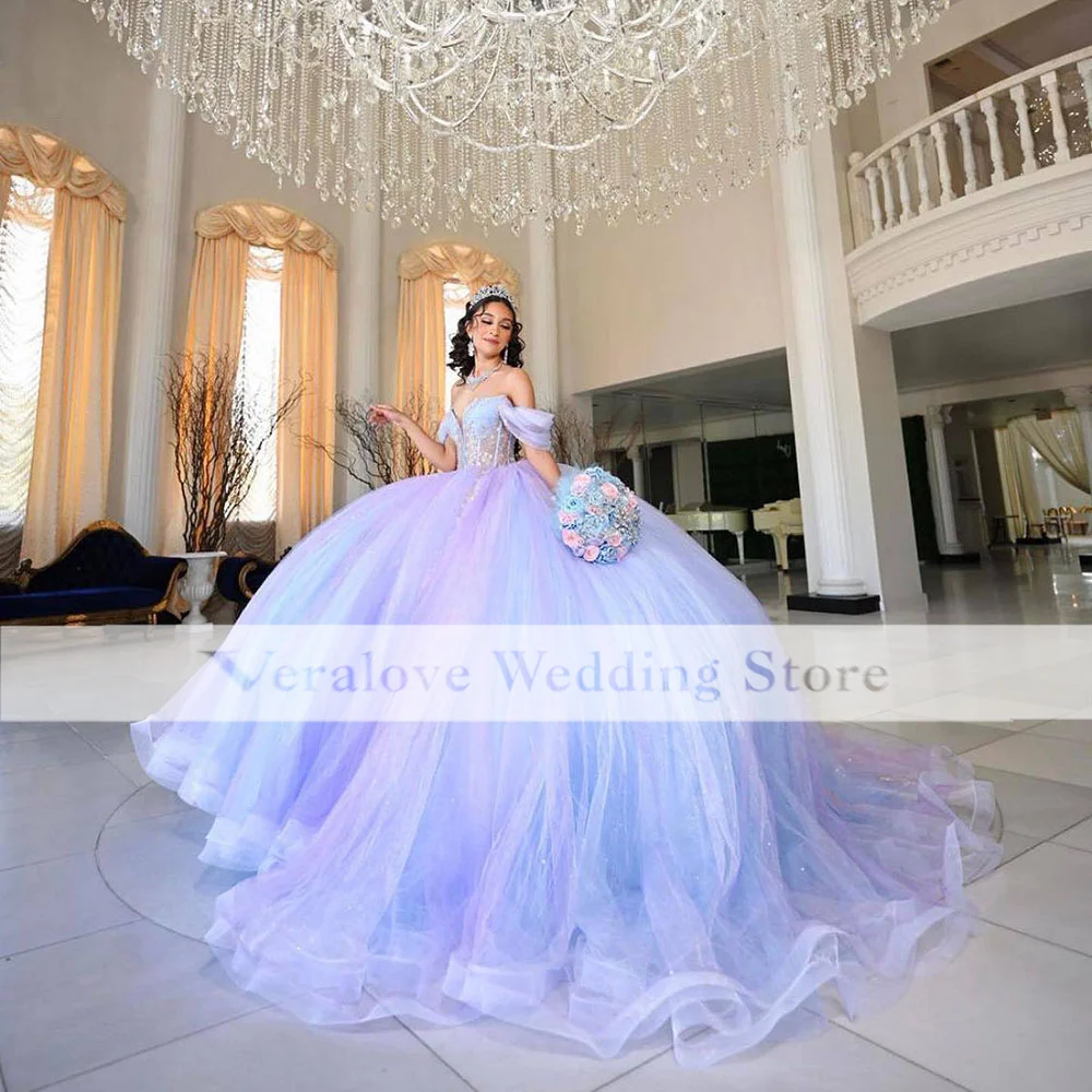 Vestidos Quinceanera roxos claros com apliqueados fora do ombro, vestidos de festa, princesa menina, 15 anos