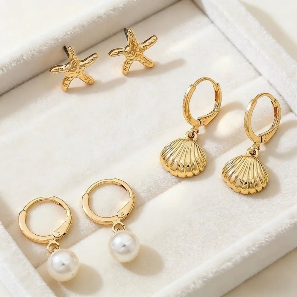 6Pcs Creative Ocean-Themed Shell and Starfish Imitation Pearl Earrings, Stylish Women's Earring Set, a Must-Have for Summer Vacations, Beach Parties, and Everyday Casual Outings