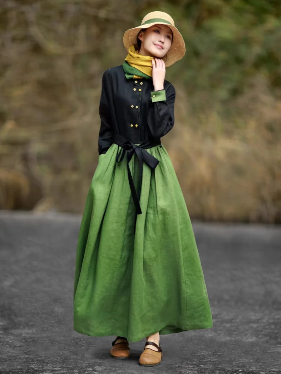 高級綿麻Aラインドレープエスニック風アーティスティックヴィンテージ春新作ファションレディースロングミディスカート