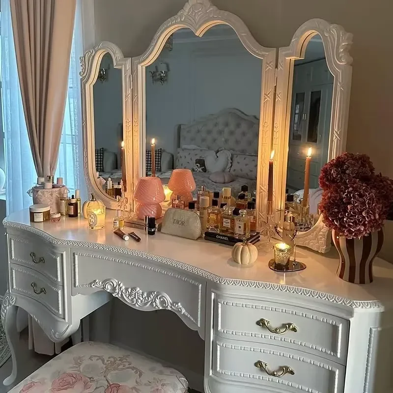 European Medieval Retro White Girls Bedroom Vanity Desk High End French Large Bedroom Vanity Desk