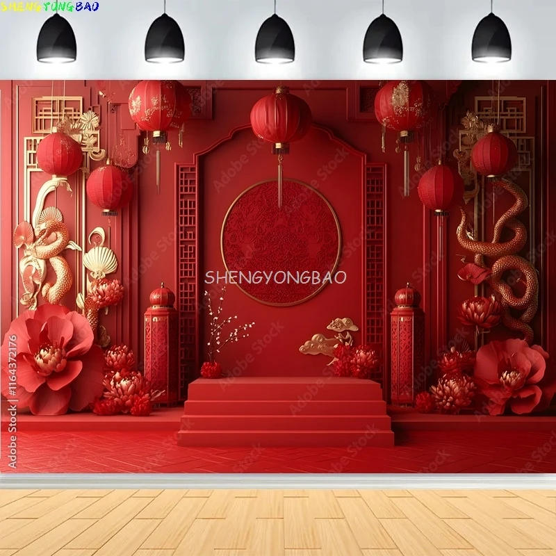 Chinese New Year Decor Photography Backdrops Red Lanterns Flowers Decorated Spring Festive Fan Blossom Background TK-02