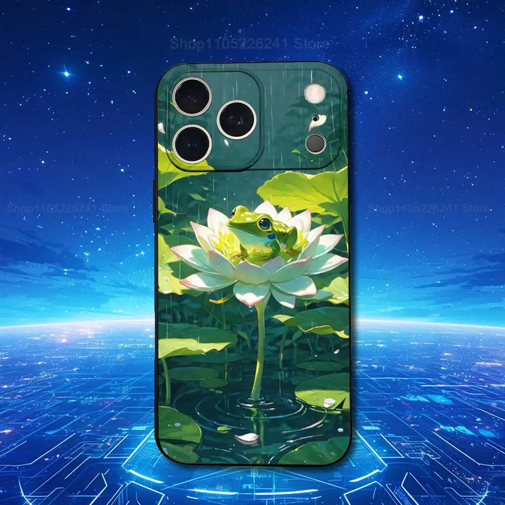 Lindo dibujo de rana artística para iPhone 8,7,11,12,15,14,13,16,17,Plus,Pro Max,XS,X,XR,SE,Mini,funda negra de silicona suave