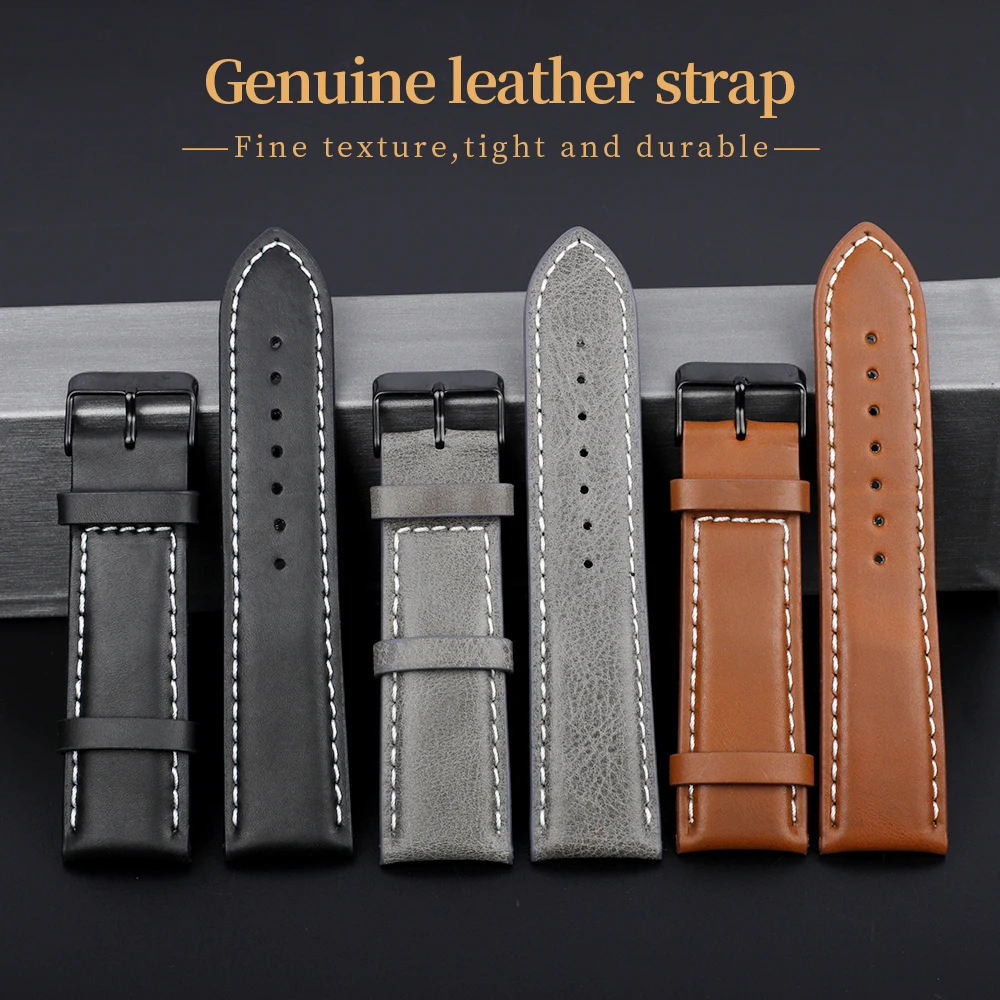 

24mm Genuine Leather Watchbands Black Gray Brown Fashion Cowhide Watch Strap Belt With Stainless Steel Black Pin Buckle