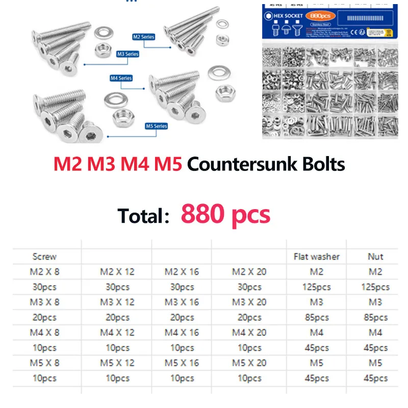 880Pcs Stainless Steel 304 Hex Socket Flat Head Screws Assortment Kit M2 M3 M4 M5 Countersunk Bolts Set with Storage Box