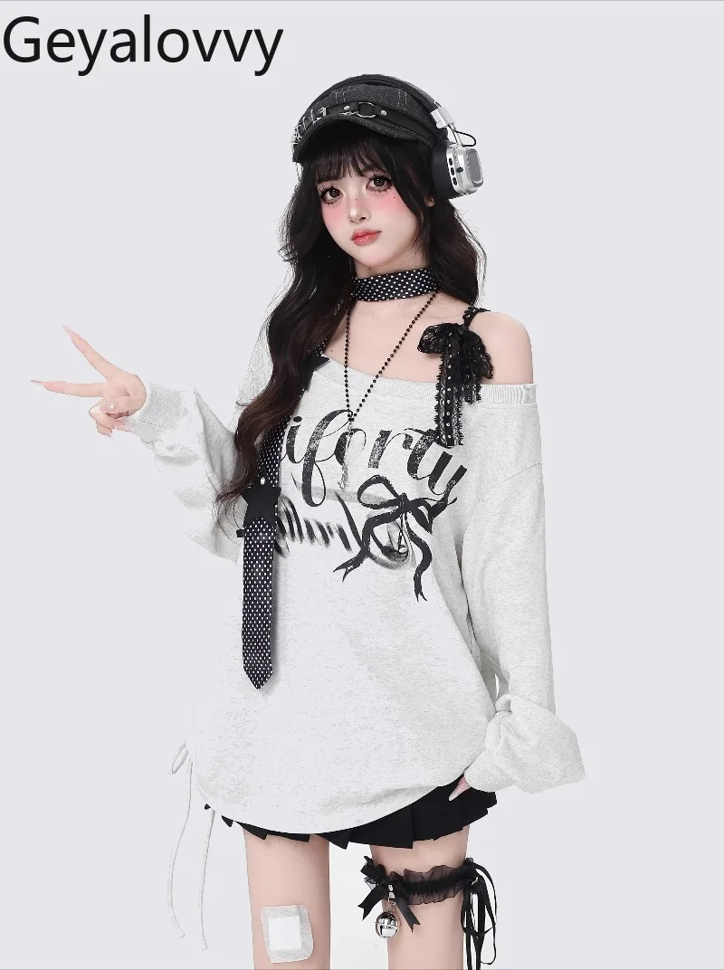 Sweat-shirt à manches longues pour femmes, polyvalent, avec lettres imprimées, doux, épaules dénudées, ample, décontracté, printemps automne