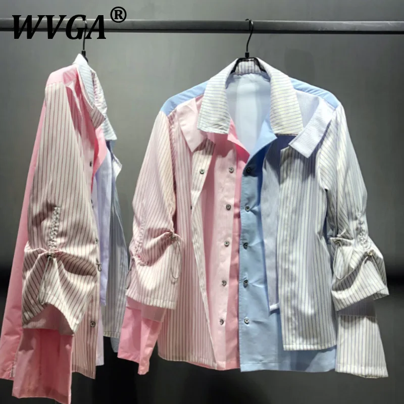 

WVGA Autumn Winter New Man Tide Cotton Color Block Stripe Patchwork Trendy Long Sleeve Shirt Niche Chic Casual Layered Top W9903