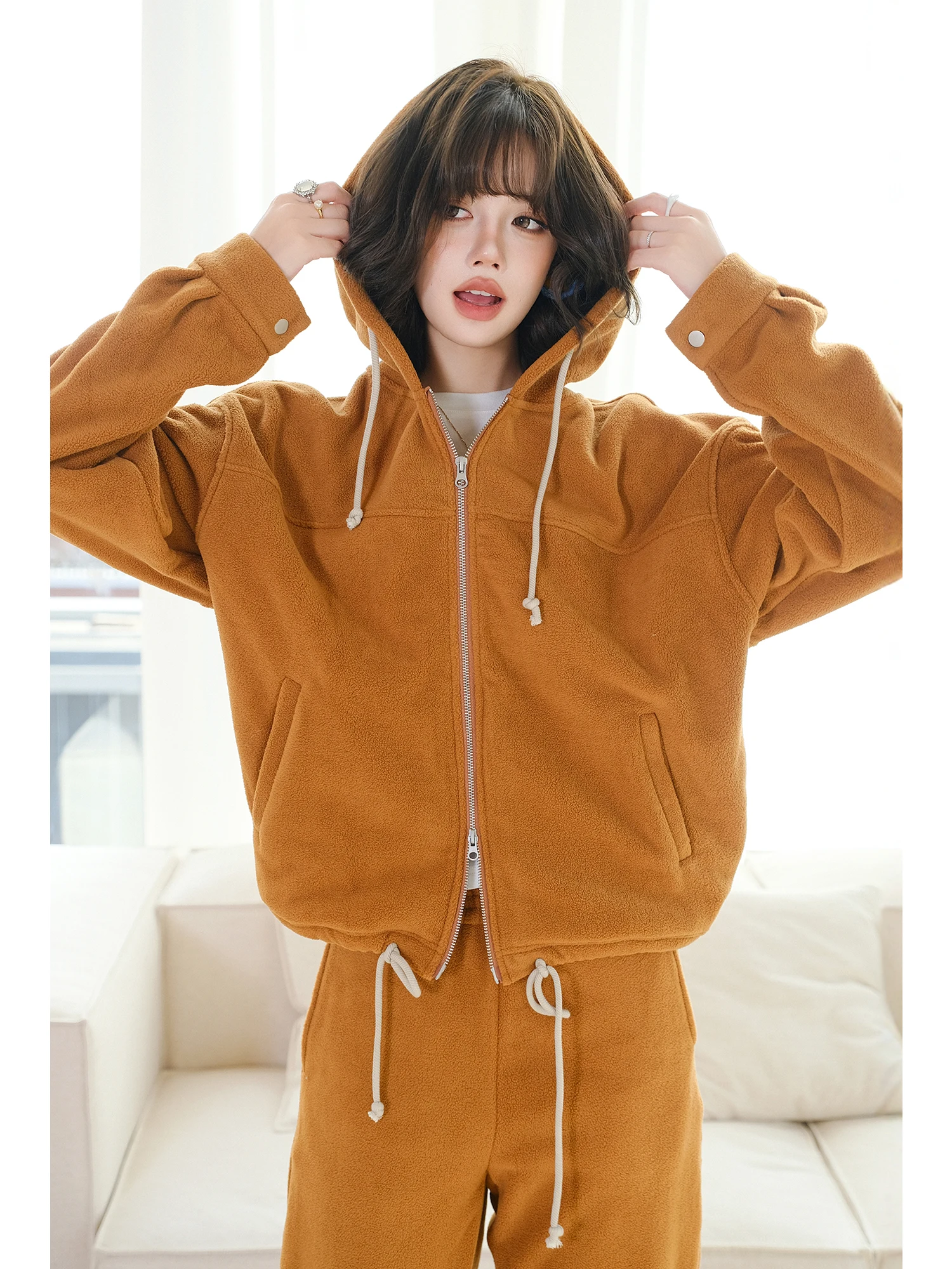 

Комплект MIUCO: толстовка с капюшоном на двойной молнии и брюки, повседневный стиль, женский, модный, теплый, с эластичным поясом, зимний наряд