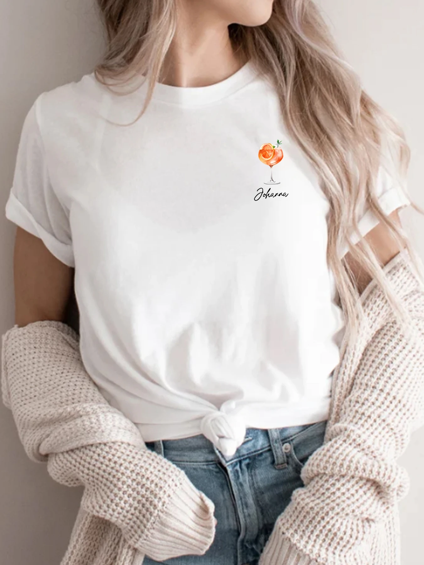 Orange juice Camiseta de mujer de talla grande con cuello redondo y manga corta con media manga elástica y estampados de moda