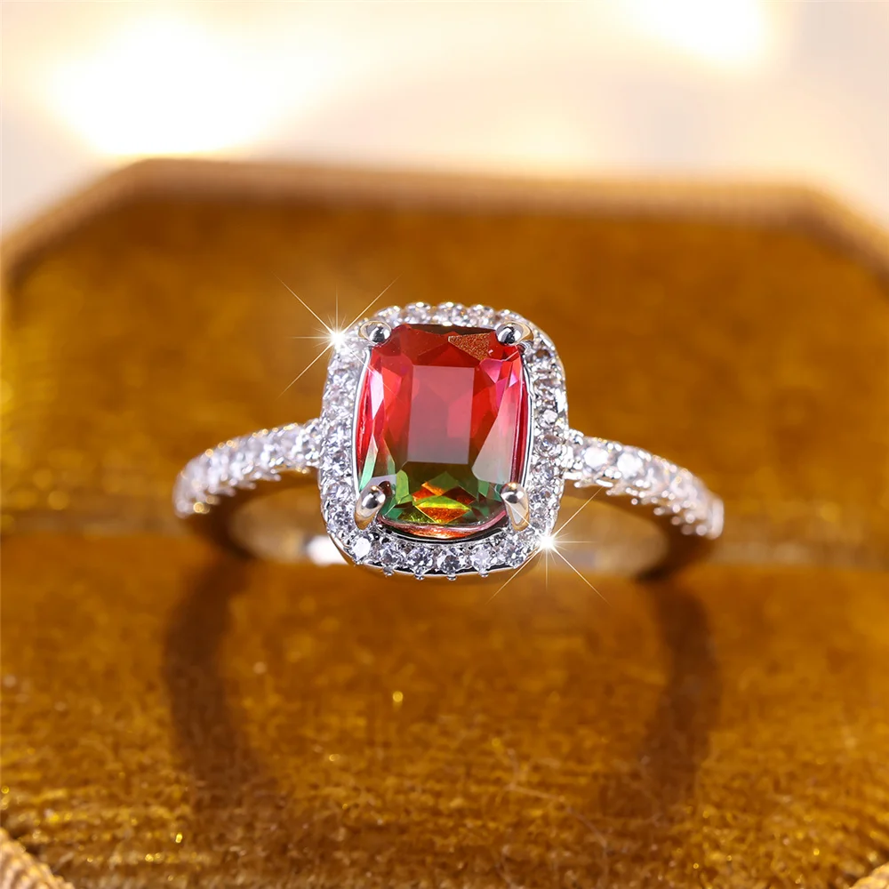 خاتم خطوبة من حجر الزركون بلون فضي عتيق للنساء ، كريستال نسائي ، أحمر ، أزرق ، أخضر ، قوس قزح ، فاخر ، مجوهرات زفاف