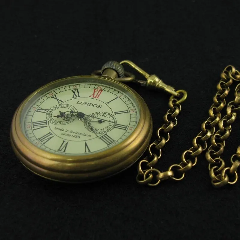 Men's Vintage Full Copper Hand-Wind Mechanical Second&24hours Sub-dials Pocket Watch in Box