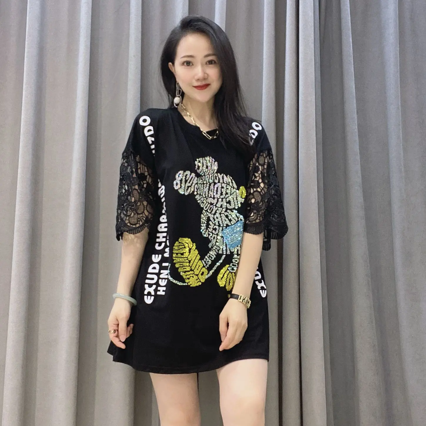 Fashion Lace Sleeve T Shirt for Women Summer Clothing Casual Cartoon Pattern Diamonds Loose O Neck Female Tops Tee топ женский