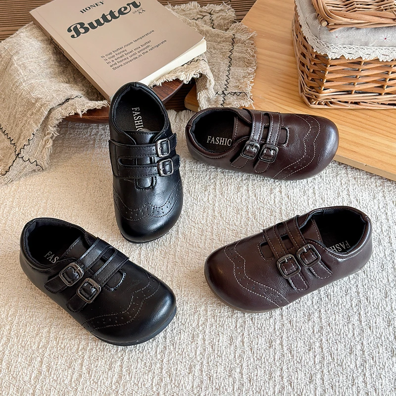 New Children's Retro Flat Shoes Solid Color Simple Little Girls Leather Shoes Soft Bottom Lightweight Kids School Causal Shoes