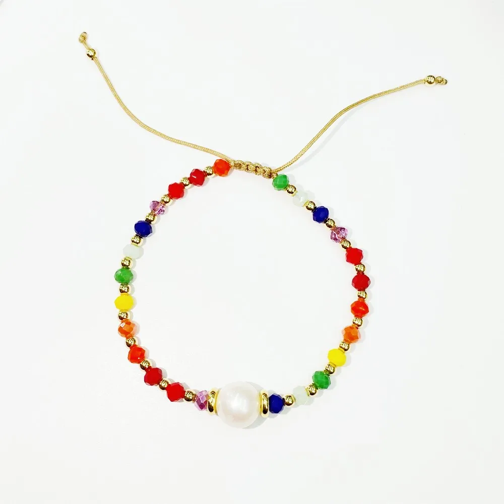 10 قطعة ، بوهو البوهيمي الصيف قوس قزح أساور لؤلؤ المياه العذبة أساور مجوهرات ملونة كريستال مطرز سوار للنساء