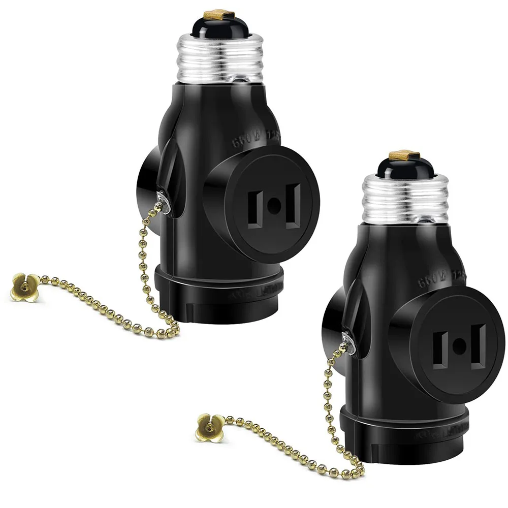 1pcs White Black Bakelite American Pull Chain Switch E26 Light Bulb Socket Adapter With 2 AC Outlet Plugs