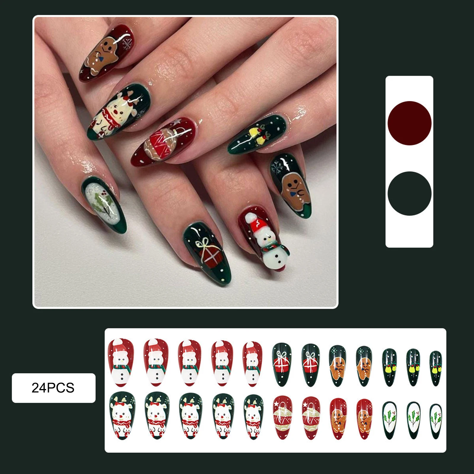 Red/Green Almond Fake Nails for Christmas Party DIY Manicure 24Pcs Acrylic Press On Nails Snowman/Gingerbread Man/Bear Printed