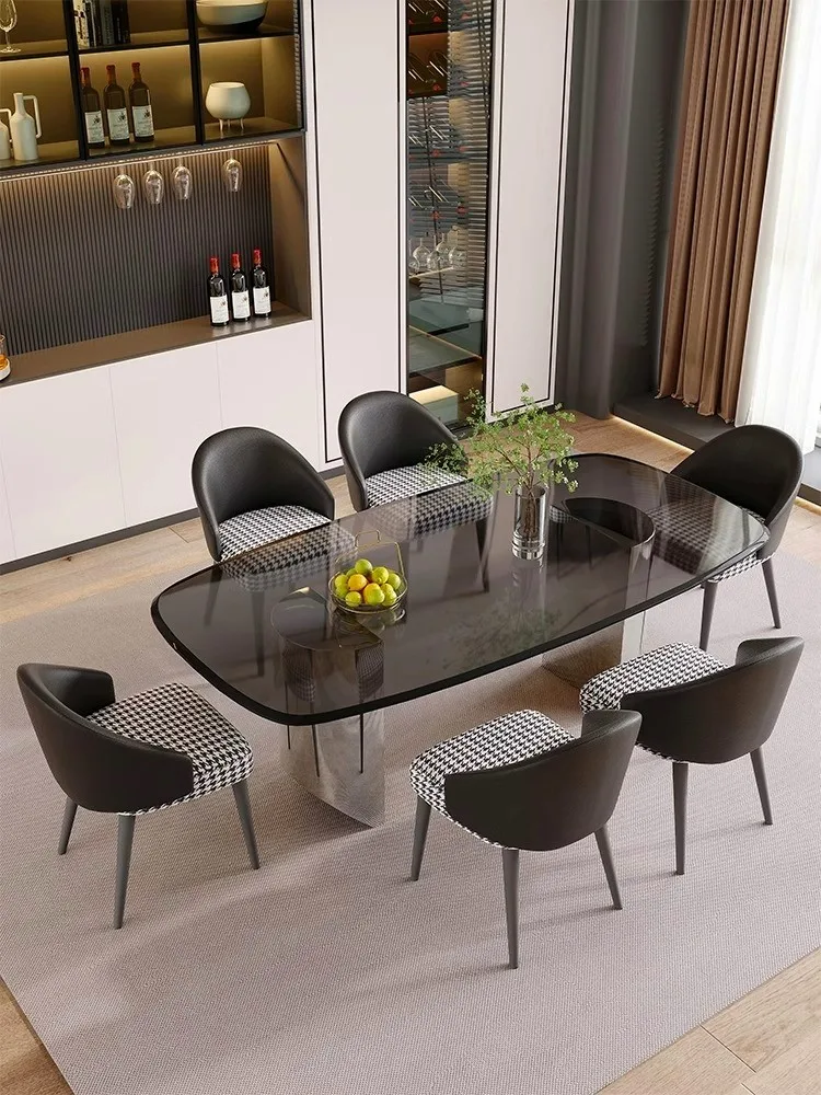 Minimalist, dining table and chair combination, modern, household, rectangular, tempered glass, light luxury