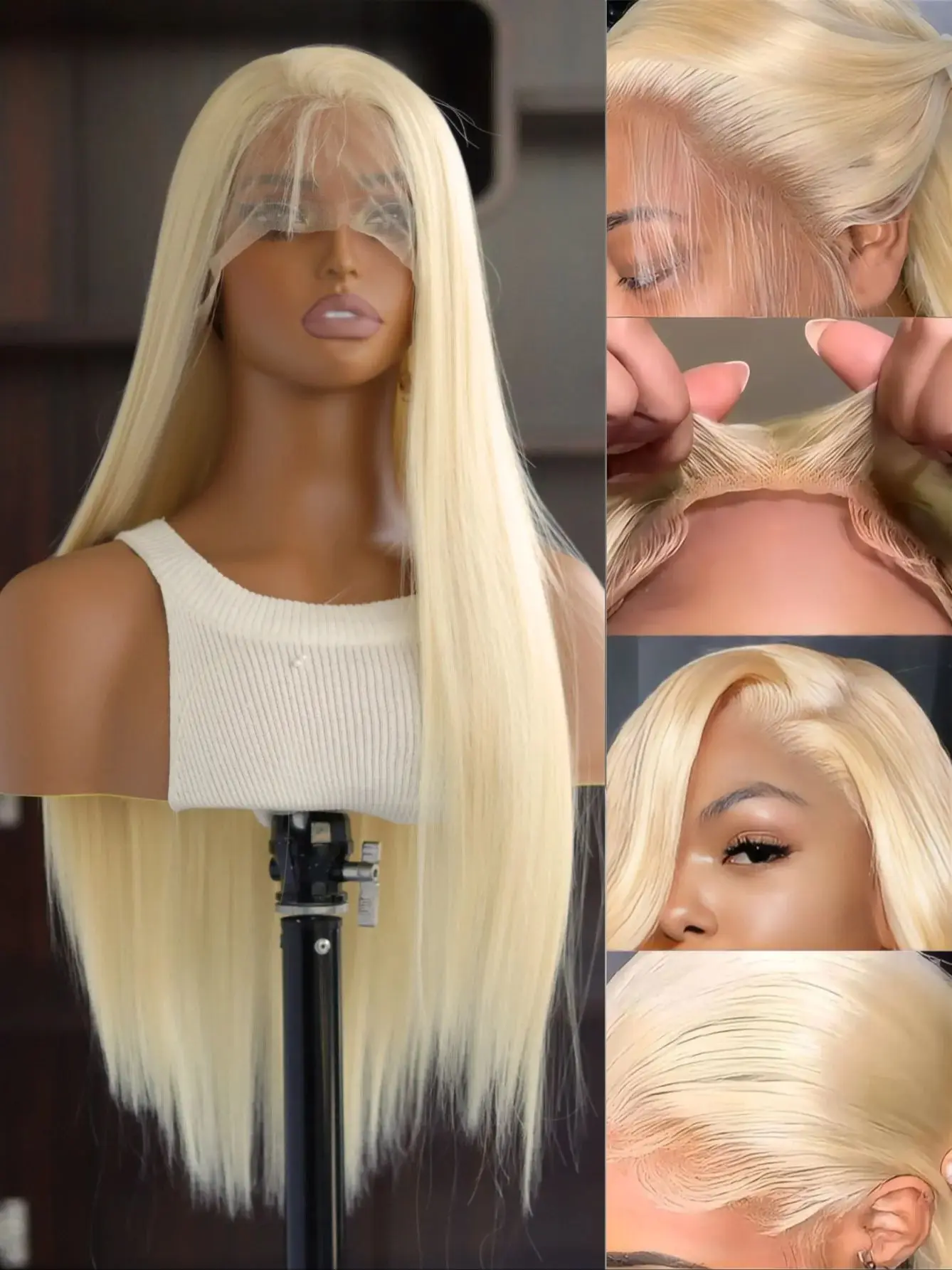 Platinblonde synthetische Lace-Front-Perücken für schwarze Frauen, gerade Spitzenperücke, vorgezupfte, hitzebeständige Faser-Damenperücke – Detail 2