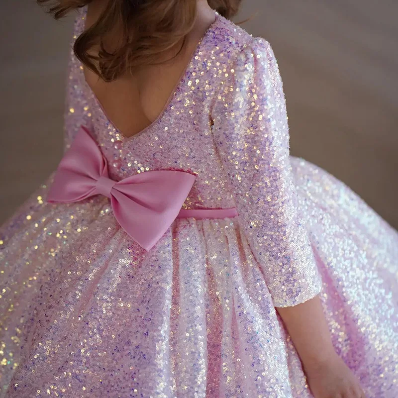 فستان رسمي لعيد الميلاد للأطفال - فستان الأميرة الأنيق من التول بأكمام طويلة مع ترتر وردي أحمر الخدود مع فيونكة