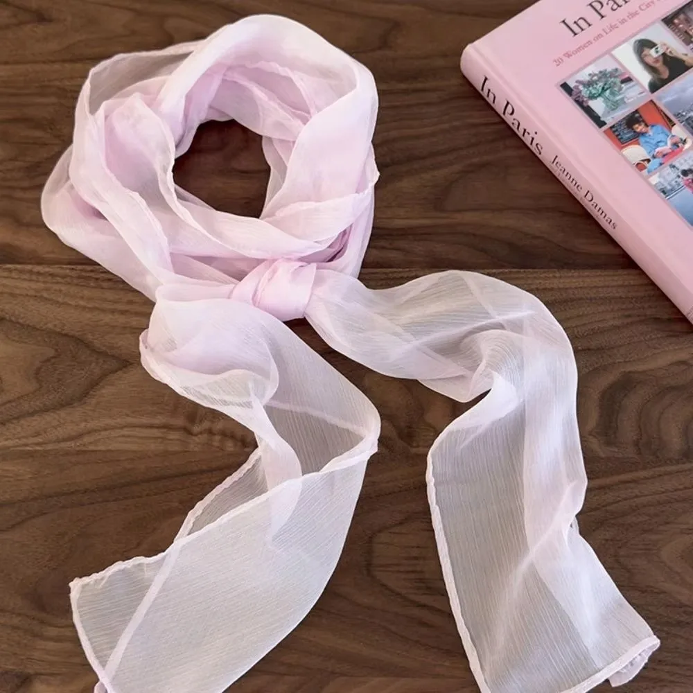 Elegant French Style Silk Scarf Thin Long Soft Ribbon Neckerchief Adjustable Pink/purple Chiffon Silk Scarf For Women