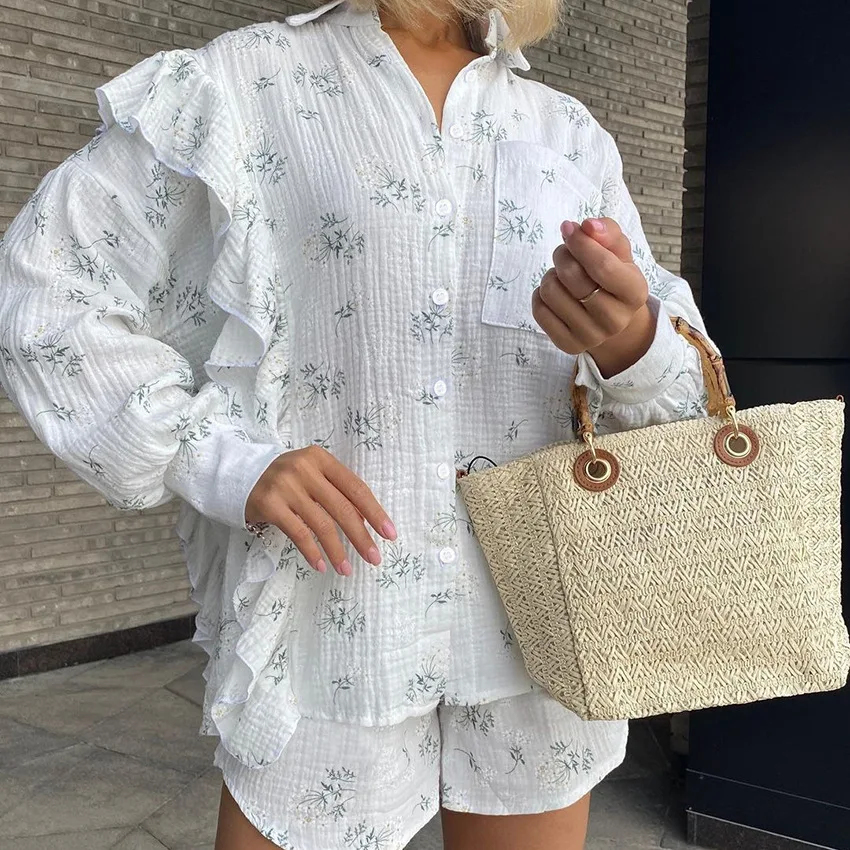 Pure Cotton Printed Ruffled Pajamas Set Soft Comfortable Long-sleeved Shorts 2PCS Women's Pajamas Nightwear