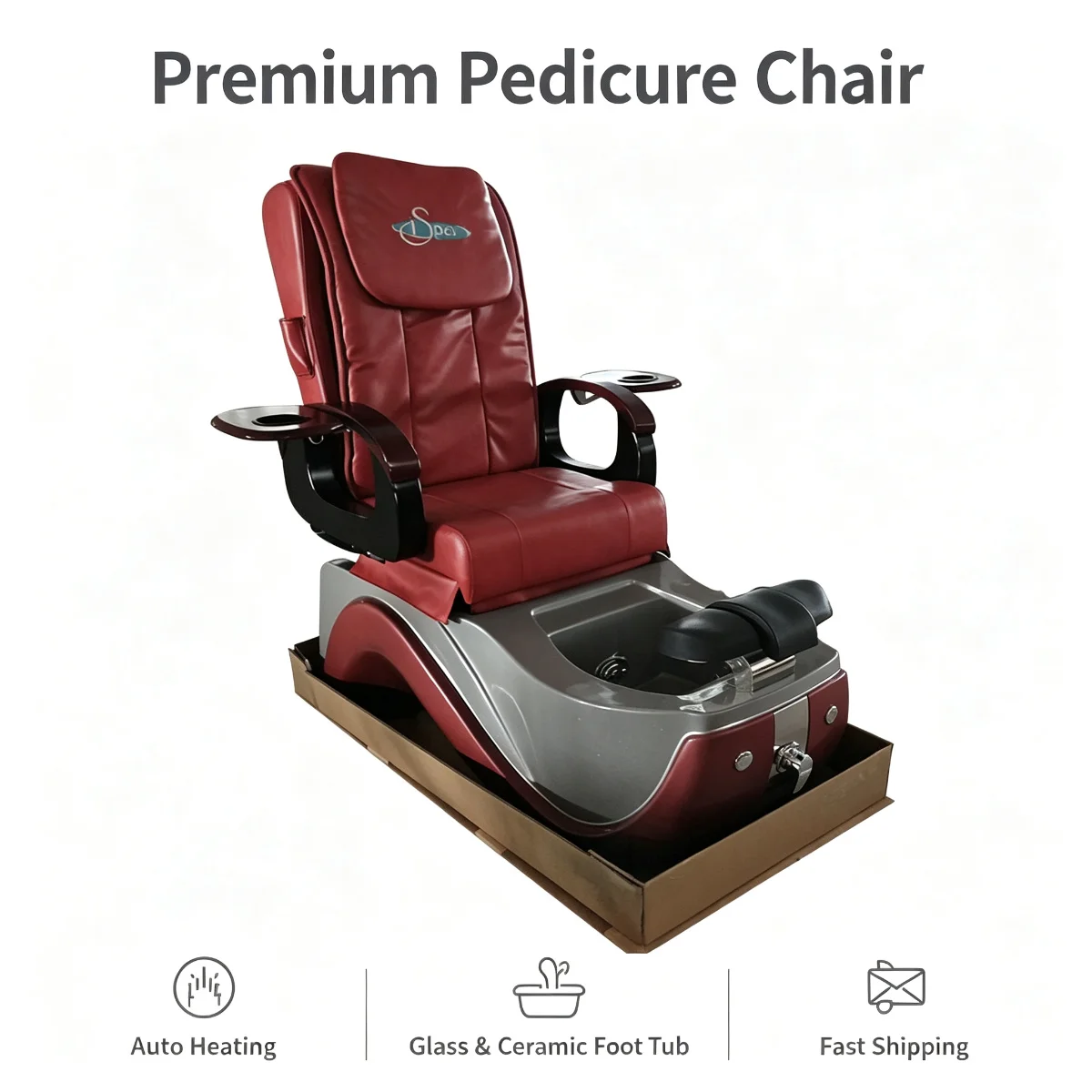 Silver Base Electric Pedicure Chair Burgundy Heated Foot Spa Massage Salon Chair