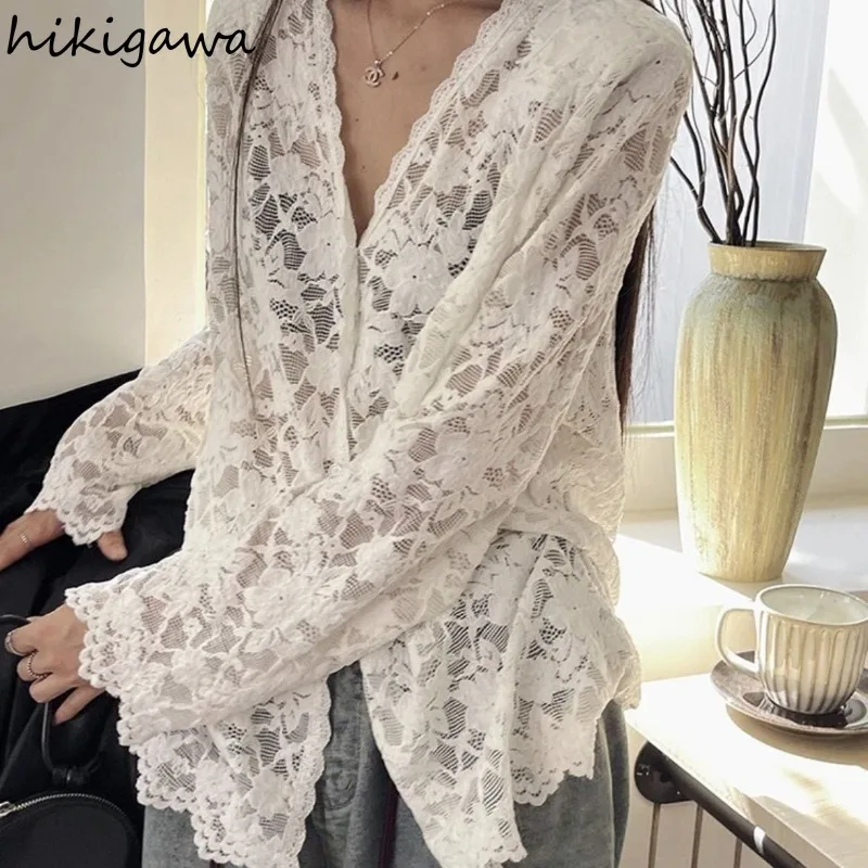 Long Sleeve Lace Blouses Women Clothing 2025 Blusas Mujer De Moda Hollow Out Sexy Tops See Through Fashion Summer White Shirts image 4