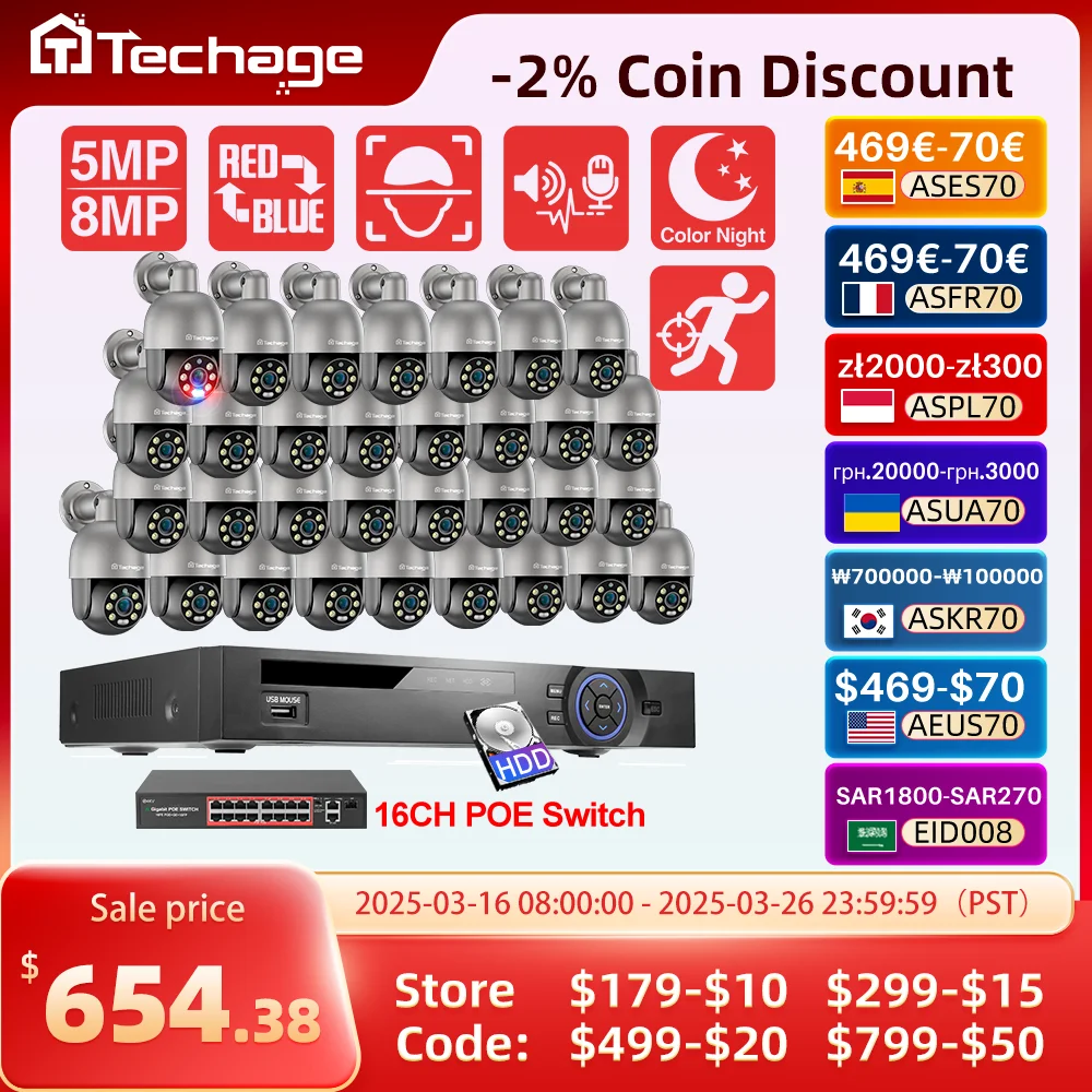 Techage 32CH 5MP 8MP POE PTZ Camera System Smart Ai Human Detected Two-way Audio Color Night 4K H.26S Security Surveillance Kit