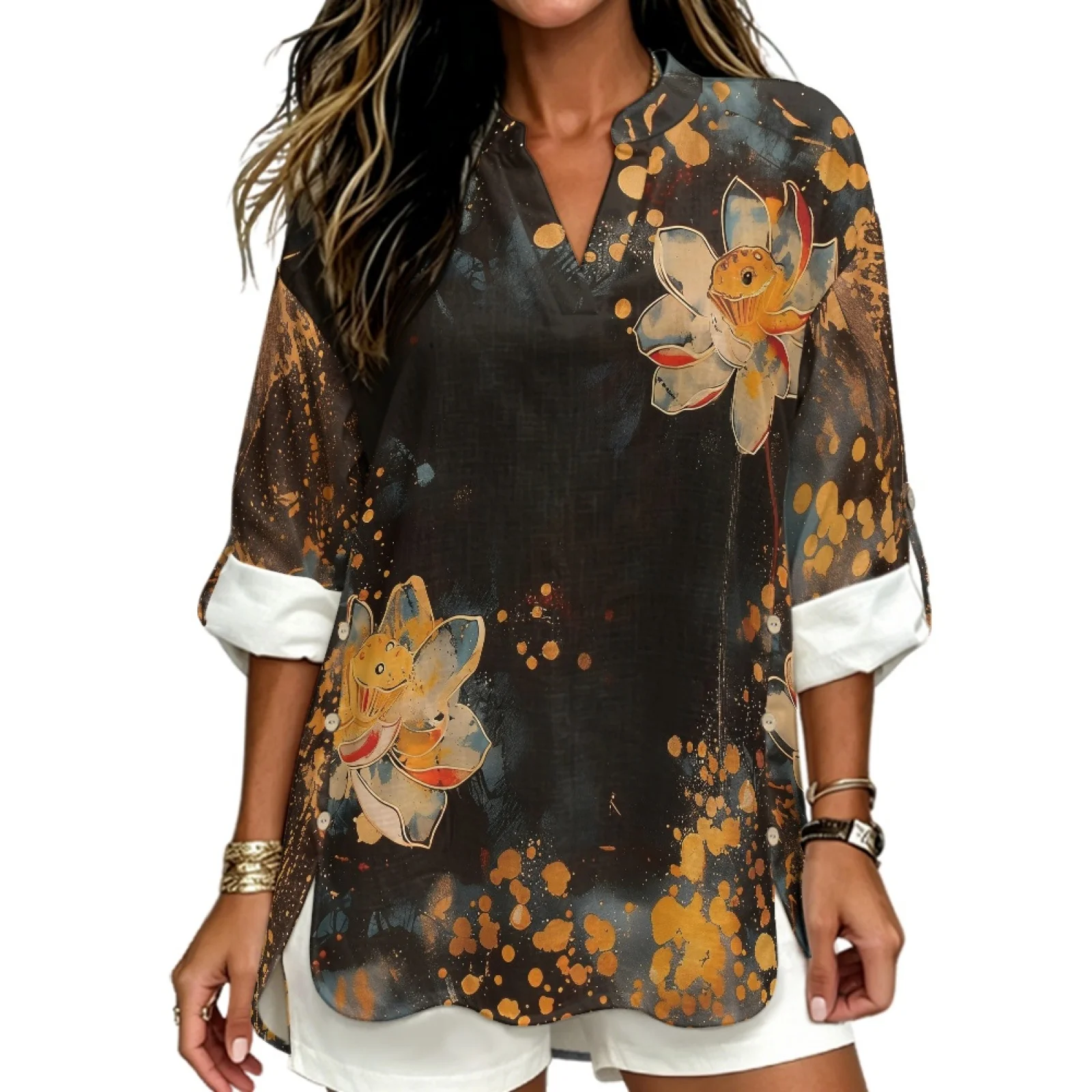 PENSTROLL Golden Splash Lotus Linen Like Women's Long Sleeve Shirts Breathable Dressy Casual Blouses for Womens Sizes S-5XL