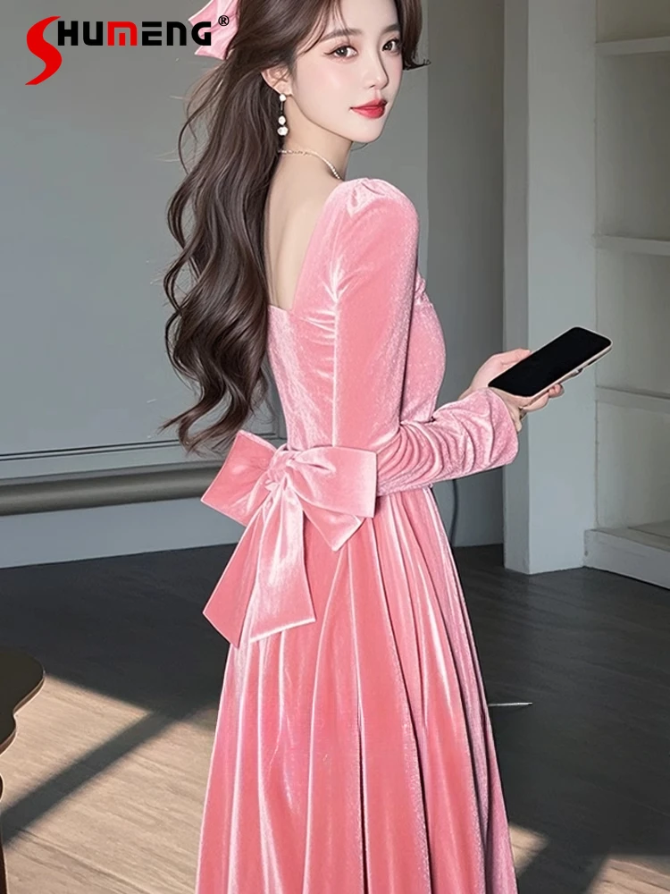 Pink Bow Elegant Velvet Dresses Women's 2024 Autumn and Winter Socialite High-end Dress Feminine Long Sleeve Solid Color Dresses