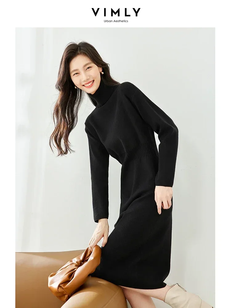 Vimly Black Turtleneck Knitted Dress 2023 Winter Pullover Long Sleeve Straight Midi Sweater Dresses Elegant Female Clothes 72531