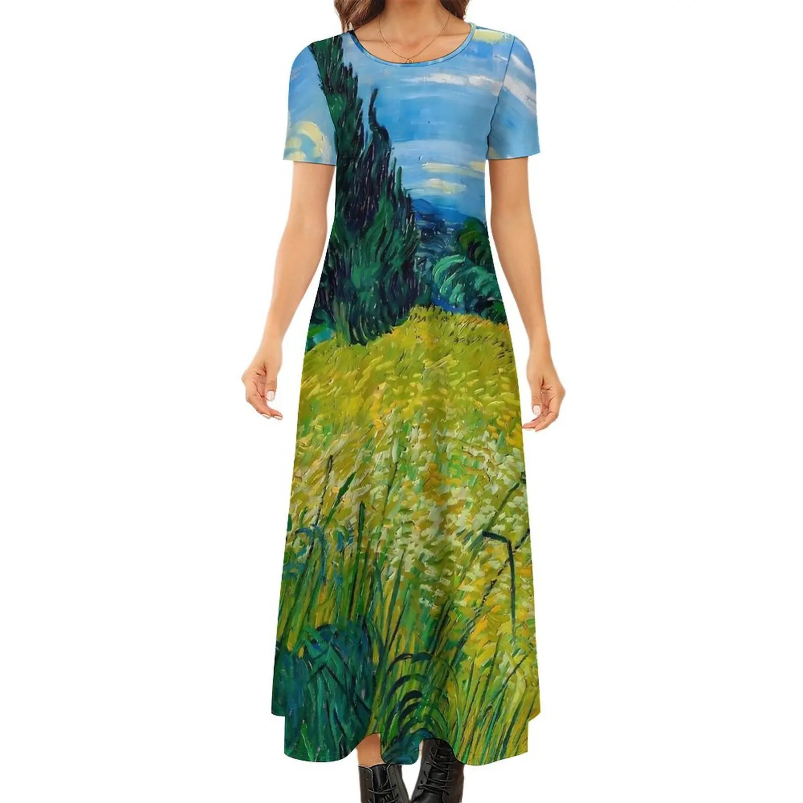 Van Gogh Dress Green Wheat Field Cute Maxi Dress Female Short Sleeve Streetwear Bohemia Long Dresses 5XL 6XL 7XL