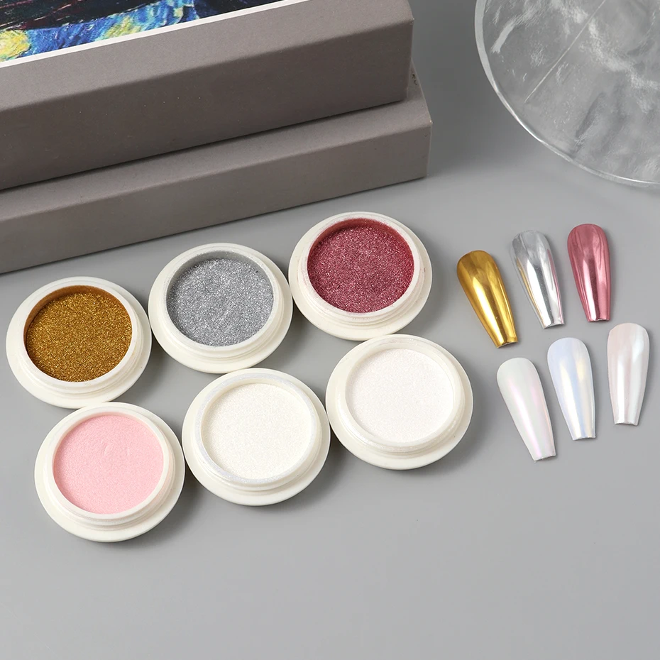 6 Gläser Aurora Chrom-Spiegel-Nagelpuder Schillerndes Perlmutt-Metallpigment Gold Silber Rosa Weiß Nagelglitter-Dekoration – Detail 10