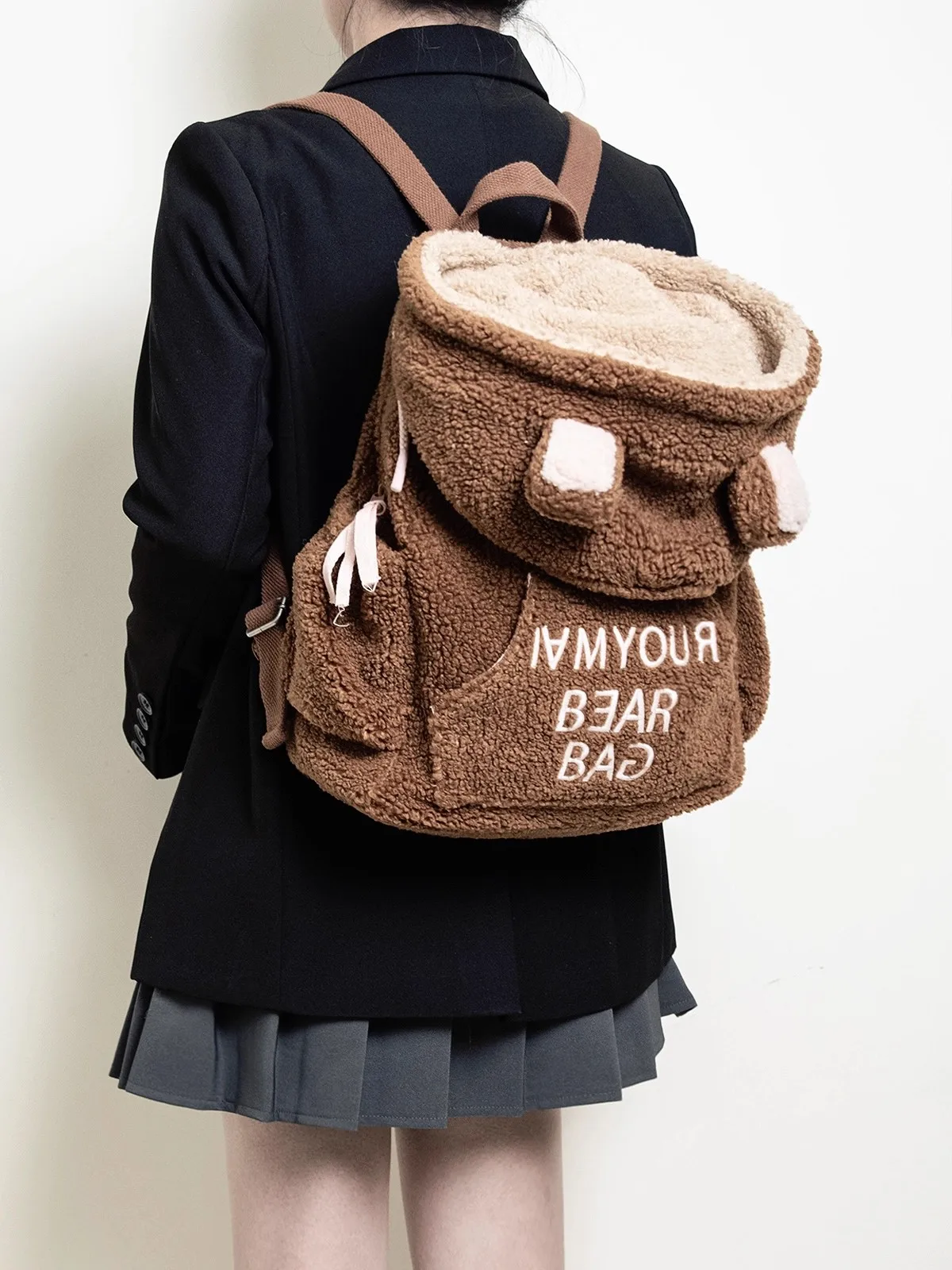 Couples Plush Contrasting Color Hat Backpack Winter Cute Cartoon Embroidery Large Capacity Lightweight Bookbag Winter Shoolbag