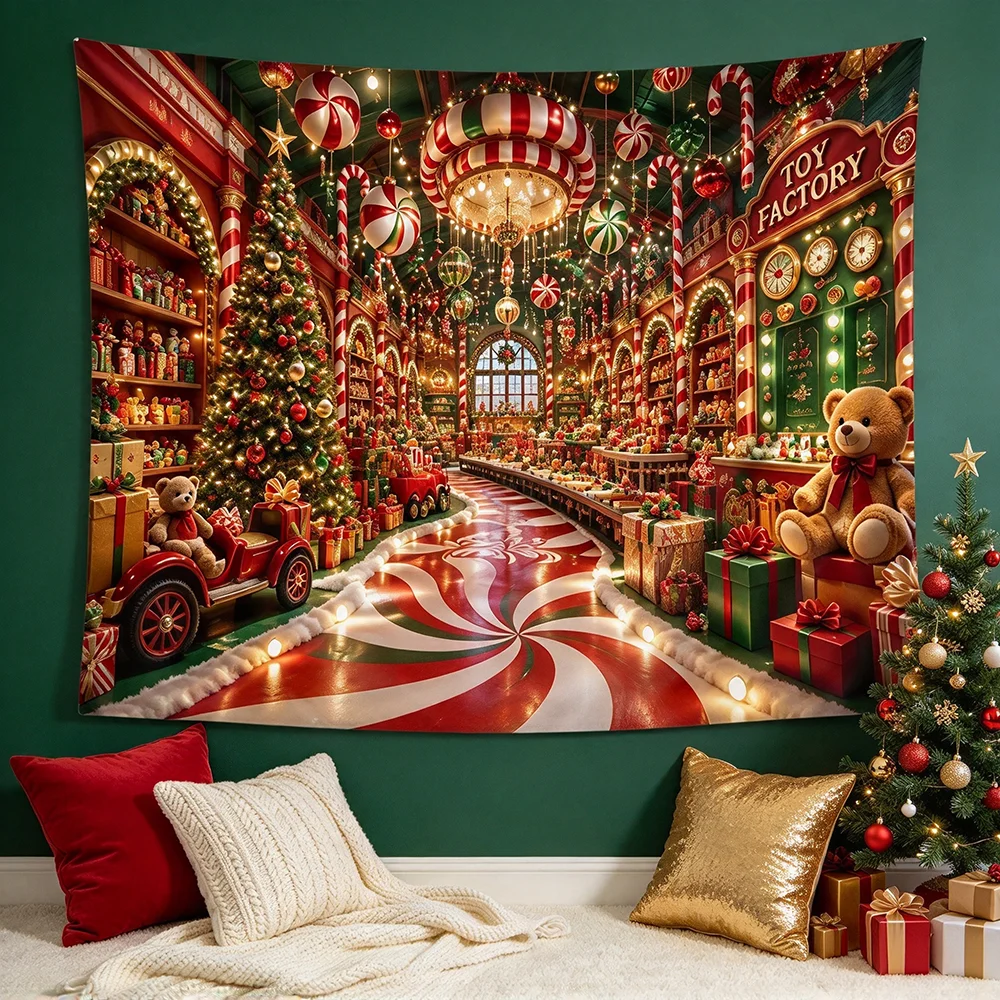 1PCS Tapestry, Christmas Toy Factory Interior Candy Teddy Tree Scene, Holiday Party Decoration for Home Studio Wall
