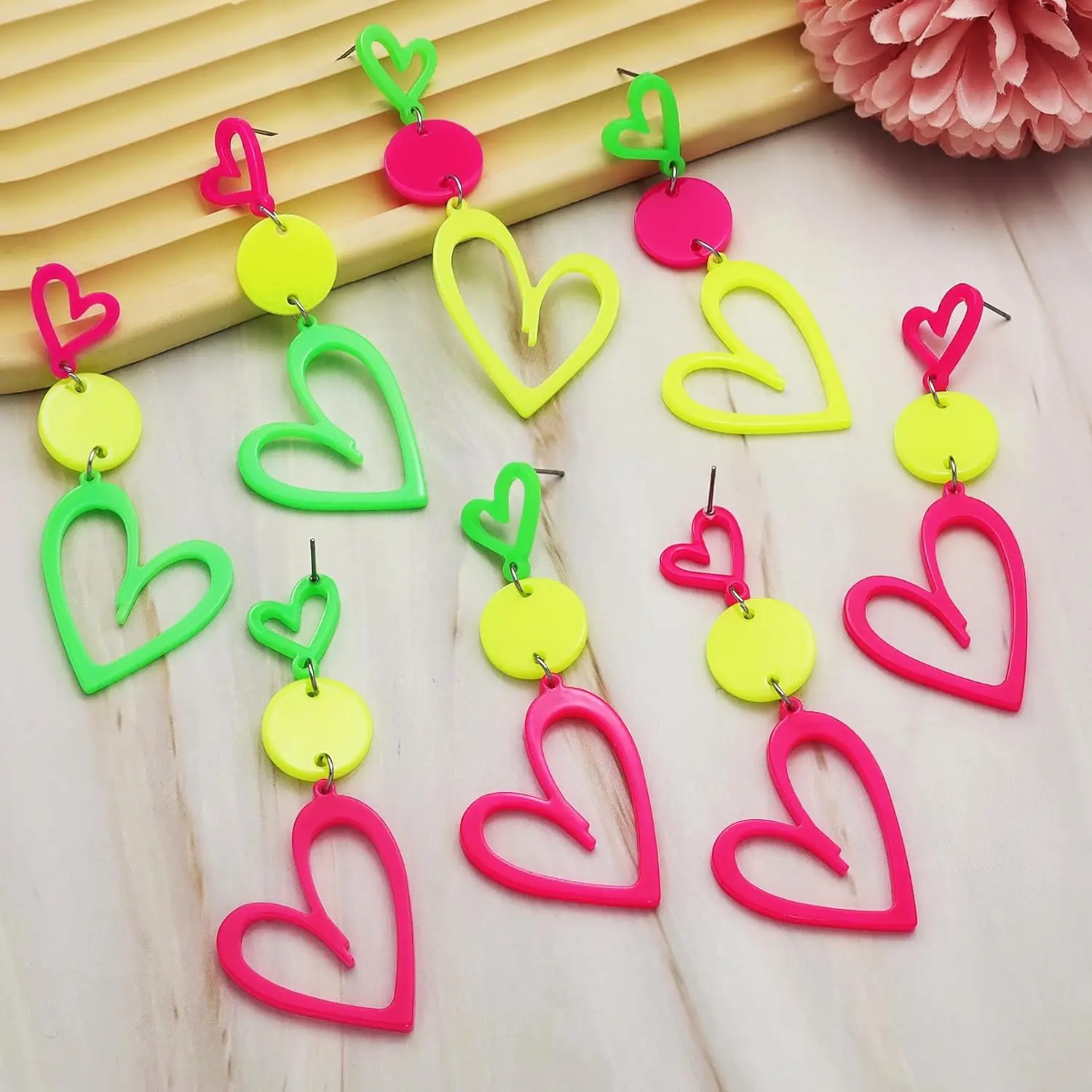Neon Herz Drei Serie Bunte Fluoreszierende Hohle Herz Anhänger Ohrringe Mode Acryl Runde Baumeln Ohrring Schmuck Geschenke