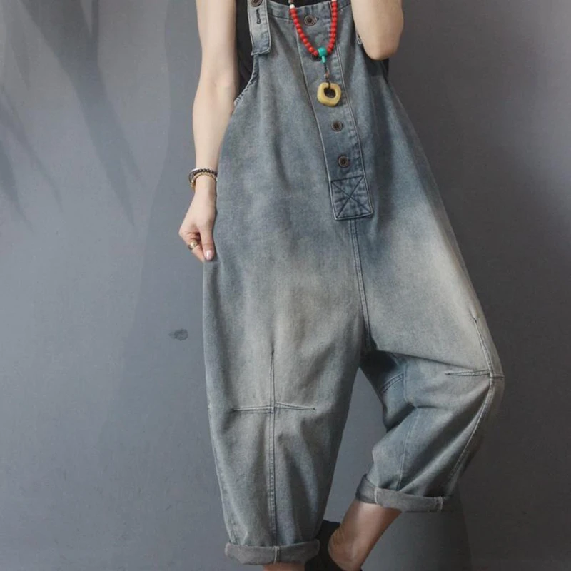 Retro casual denim overalls women autumn and winter high waisted fashionable and versatile personalized and loose carrot pants