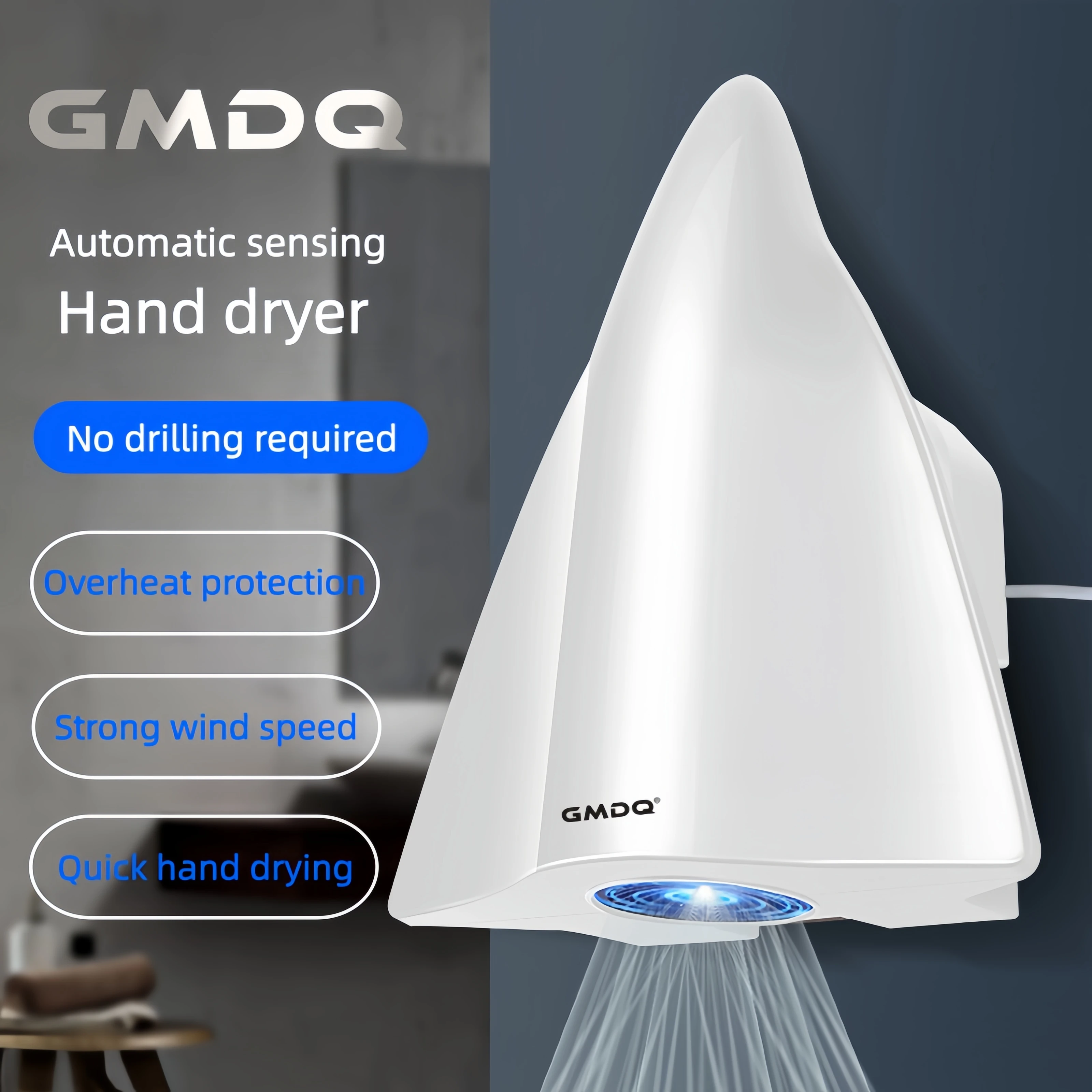 Automatic Sensor Hand Dryer, European Standard 220V, Blue Light Hot Air Quick Drying, 1600W, Household and Commercial Use, Small Bathroom Hand Dryer
