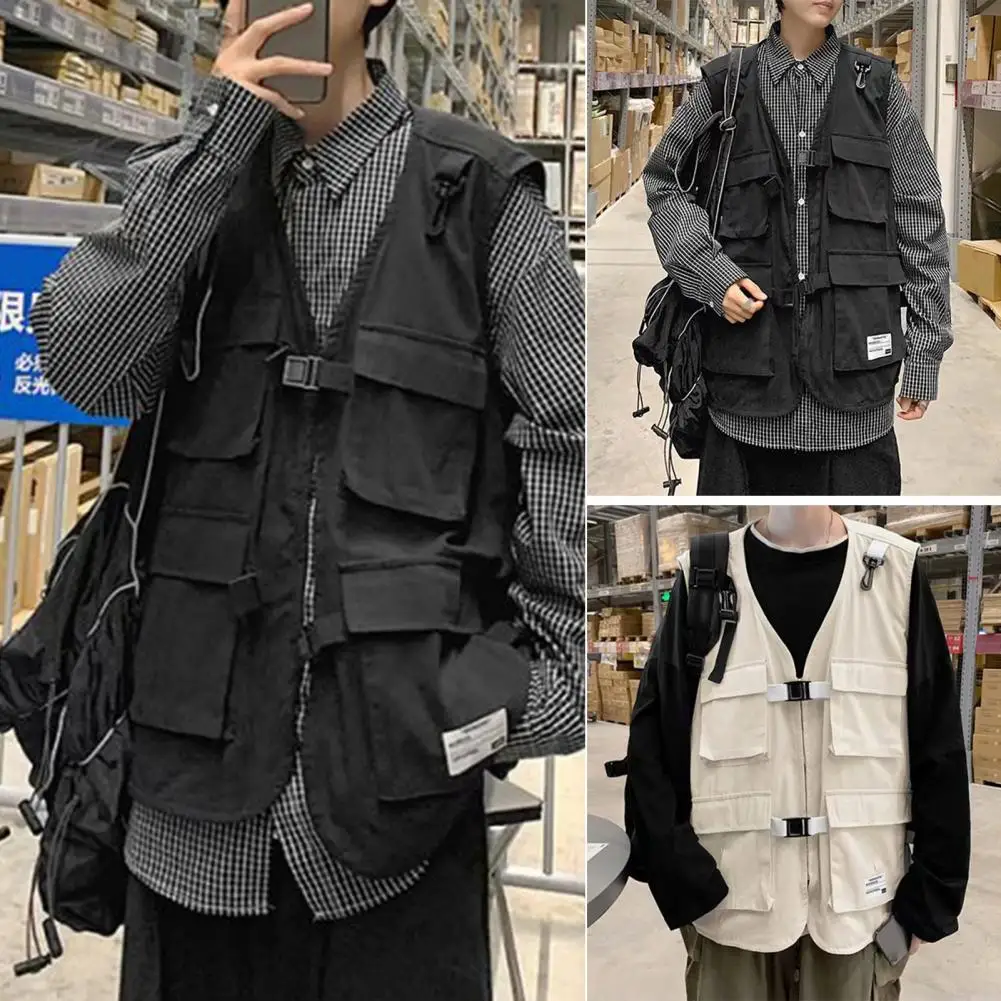 Men Solid Color Vest Cargo Vest with Multi-pocket Design for Men Outdoor Waistcoat with Zipper Fly Loose Fit Style Men Vest