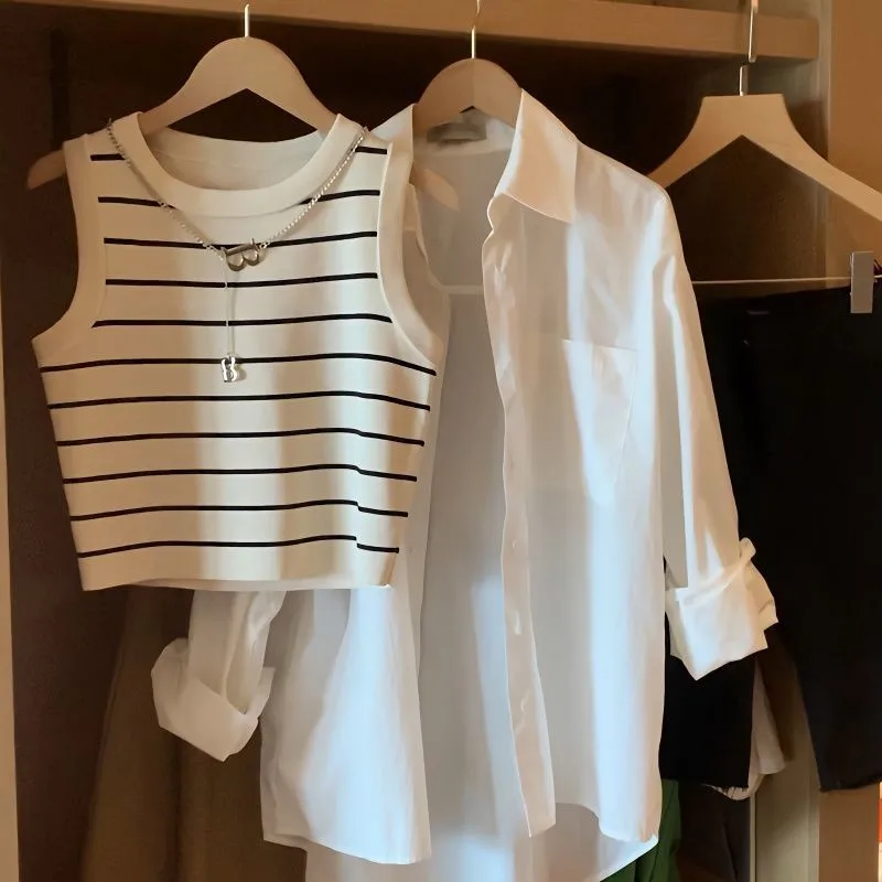 Ensemble deux pièces Chic pour femmes, tapis d'été irt avec sangle, gilet rayé coréen Sle Long Sve, coupe ample, détail de boutons