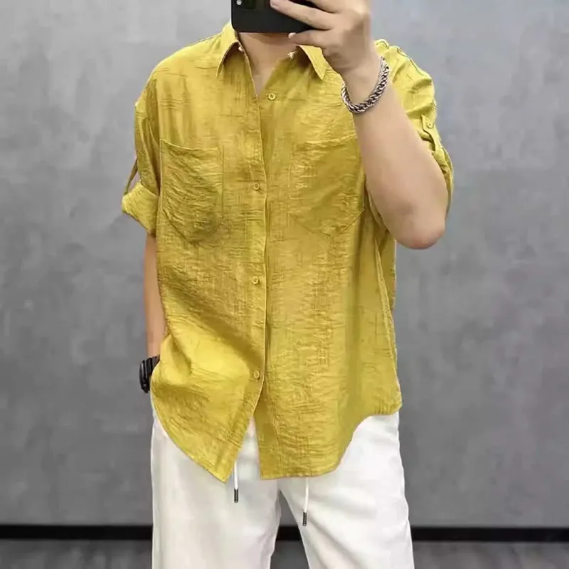 Men New Chinese Style Jacquard Crinkled Half Sleeve Shirt Summer Loose Casual Button Down Blouse