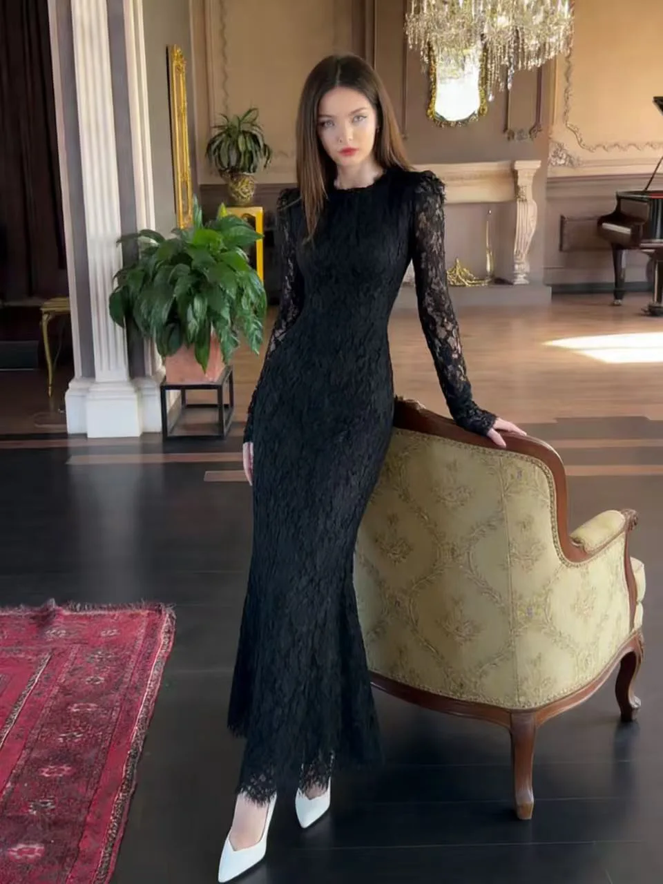 

Elegant Lace Long Dresses Spring Women O Neck Long Sleeved Slim Dress Autumn High Waist Lace Up Zipper Knee Length Dress