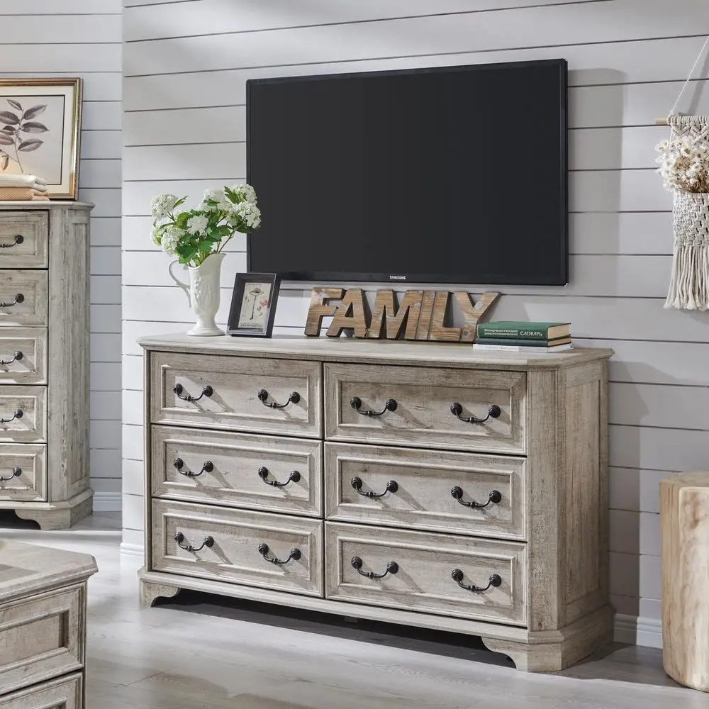 

6 Drawer Dresser for Bedroom,55 Wide Modern Chest of Drawers with Metal Handle amp Charging Station,Wooden Dresser TV Stand,Woo