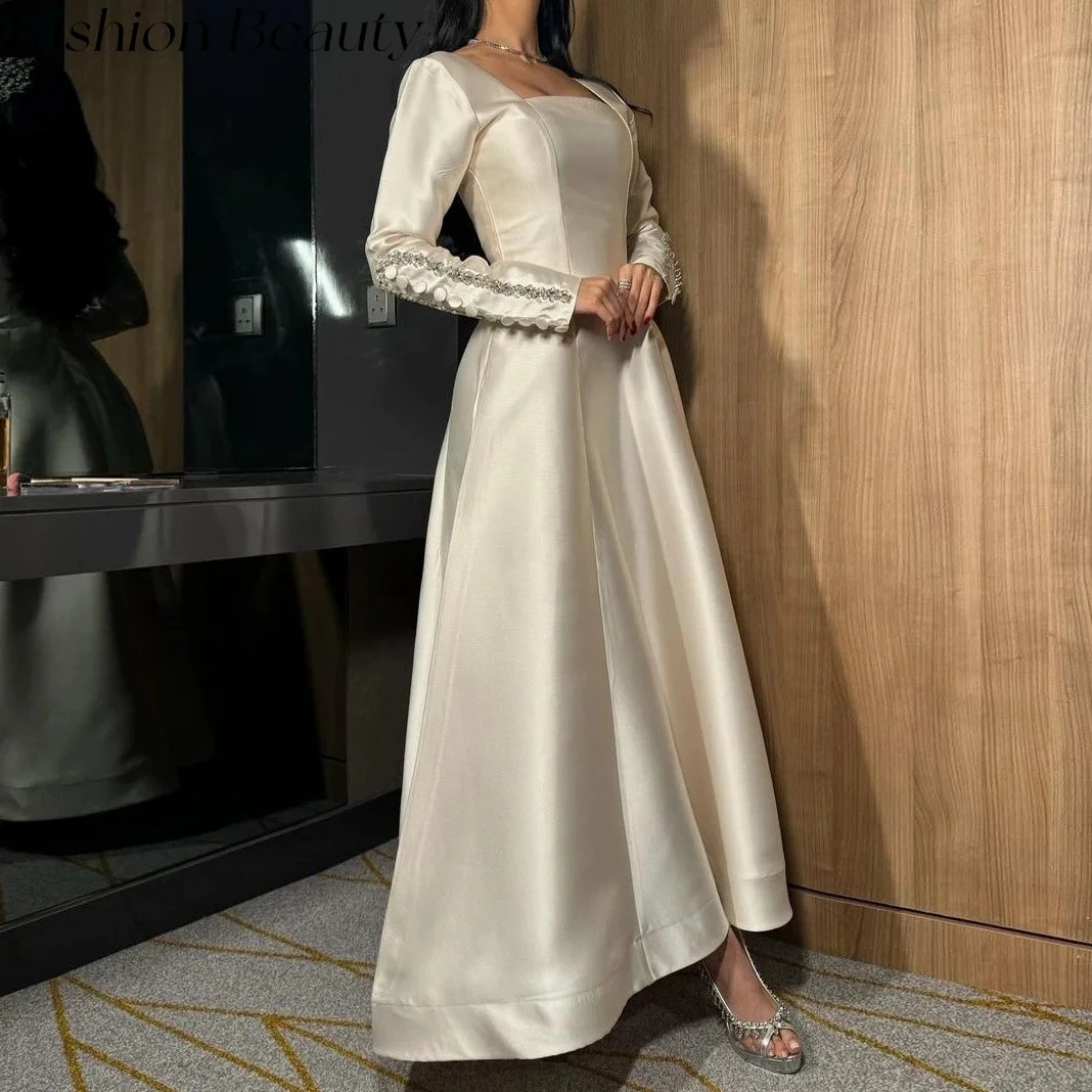 Fashion Beauty Vintage Prom Dresses Square Neck Simple Crystal Beading Button Celebrity Party Dress For Women 2024 فساتين السهرة