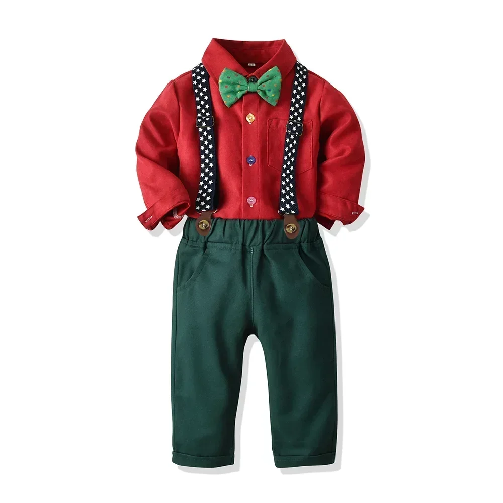 Traje de dos piezas de algodón para niño, camisas y pantalones de tirantes, ropa de primavera y verano, Navidad, 2-12 años