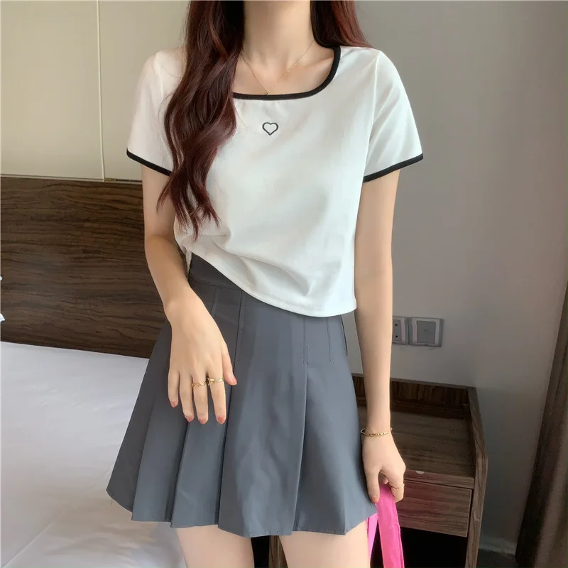 Woman Summer Short-sleeve Cropped T-shirt Slim-fit Cropped Top Student Girls Casual T-shirt Women Ladies Top Wearing Base Layer