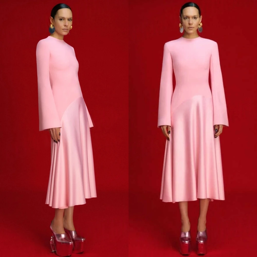 

Customized Simple Pink Satin Evening Dress Classic O-Neck Long Sleeves Celebrity Gowns Fashion Straight Tea Length Prom Dresses