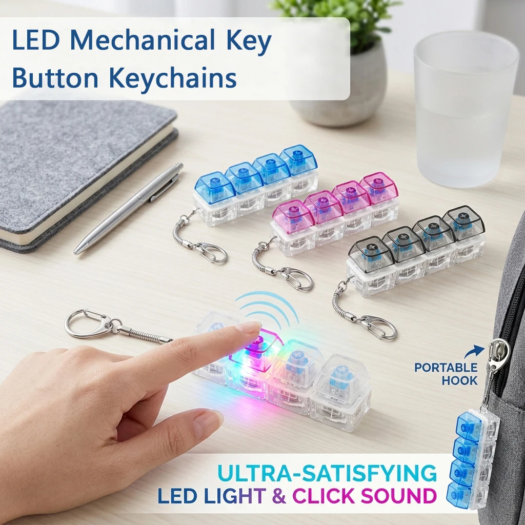 4 Pcs LED Mechanical Key Button Keychains Portable Stress Relief Finger Clicker Button Toys Office Desktop Accessories Present