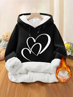 Hot sale large size women's casual winter warm cartoon print plus velvet lined hooded sweatshirt thick pullover top