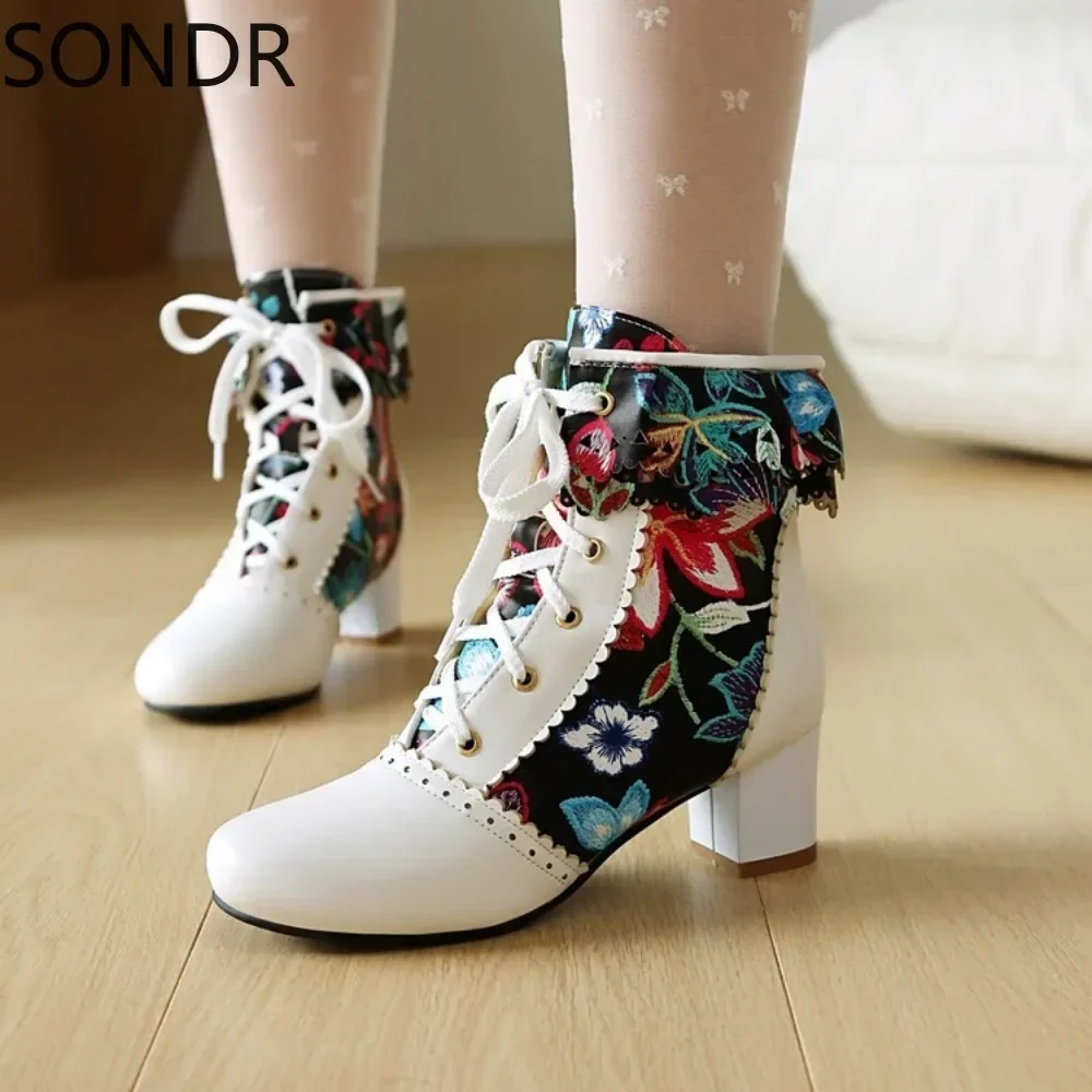 Womens Ethnic Embroidery Victorian Ankle Boots Floral Block Heel Lace Up Shoes Warm Winter Plus Big Size 46 47 48